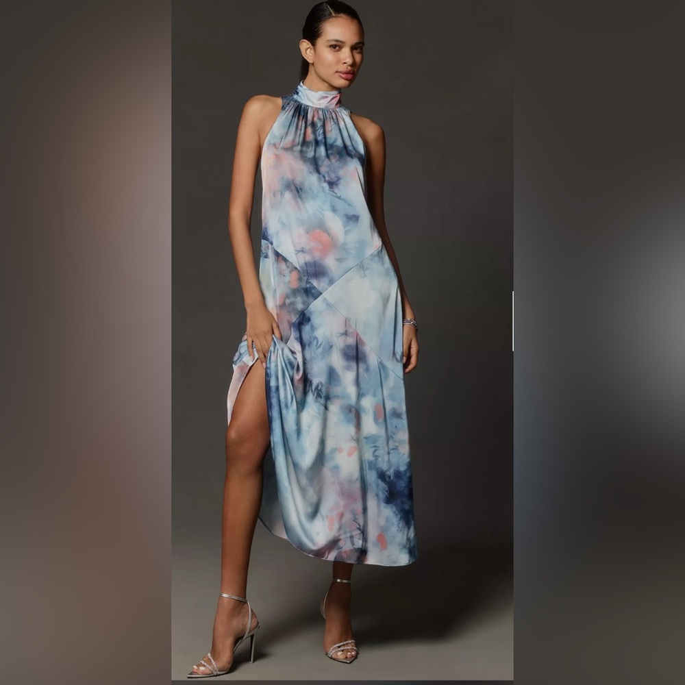 Anthropologie Blue Sleeveless Halter A-Line Midi Dress